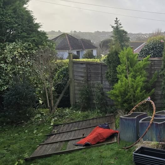 Storm-damaged garden fence panel blown down in Cornwall, requiring repair by local landscapers.