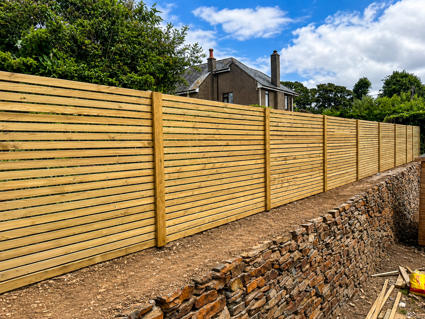 Wooden slat fence under construction on a stone foundation, with construction materials and a vehicle in the background.