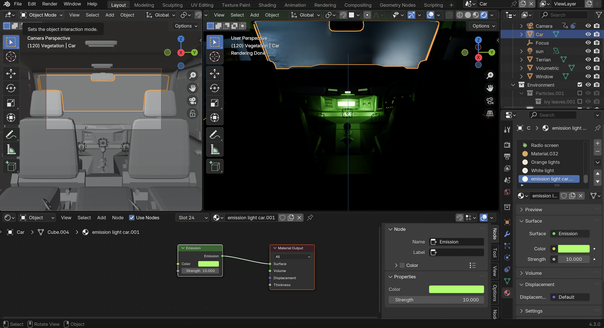 Light setup inside car