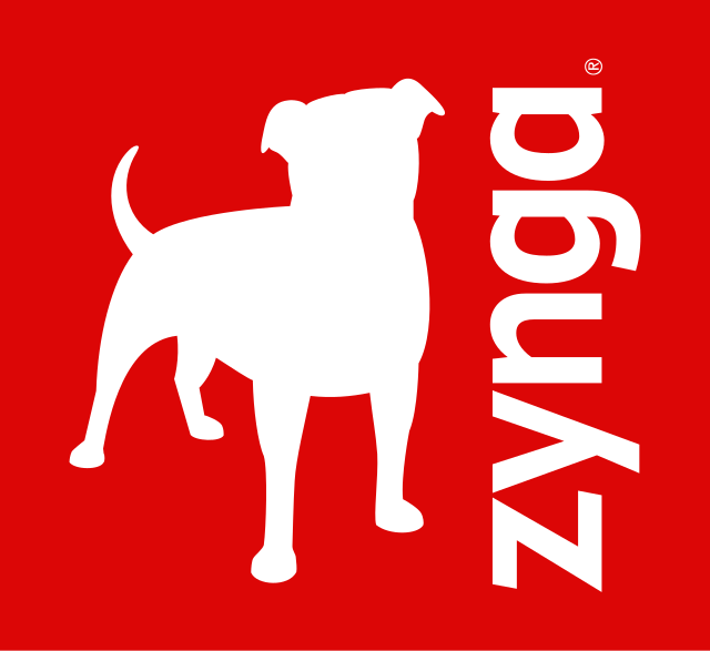 White silhouette of a dog with the word "Zynga" written vertically on a red background.