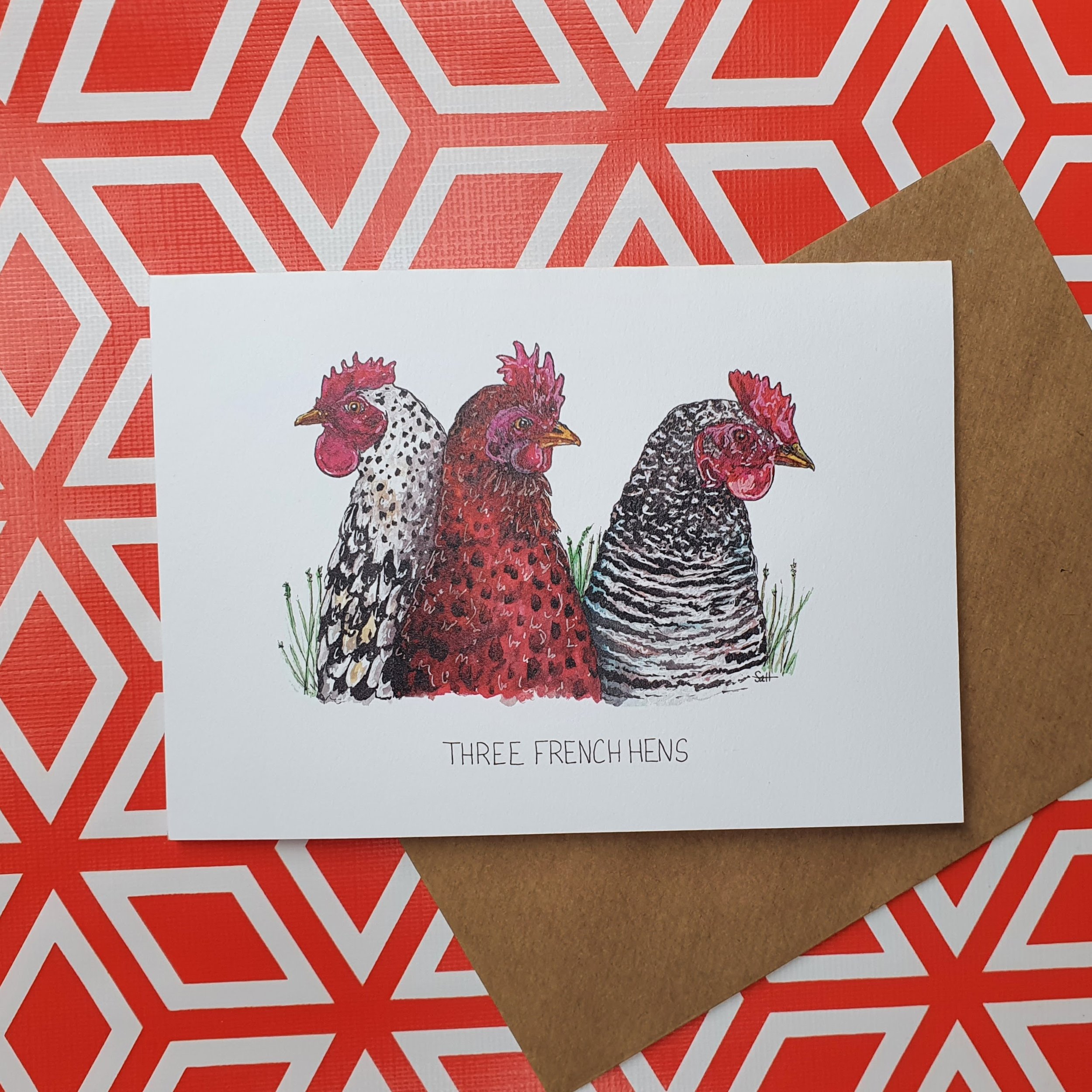 Three French Hens Greetings Card