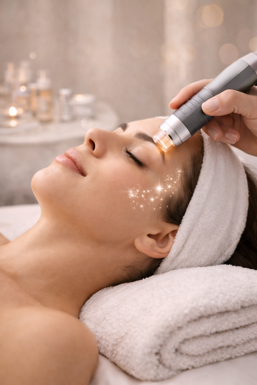 Junge Frau mit buntem Bandeau-Haarband hält eine Limettenscheibe vor ihr rechtes Auge gegen einen gelben Hintergrund.