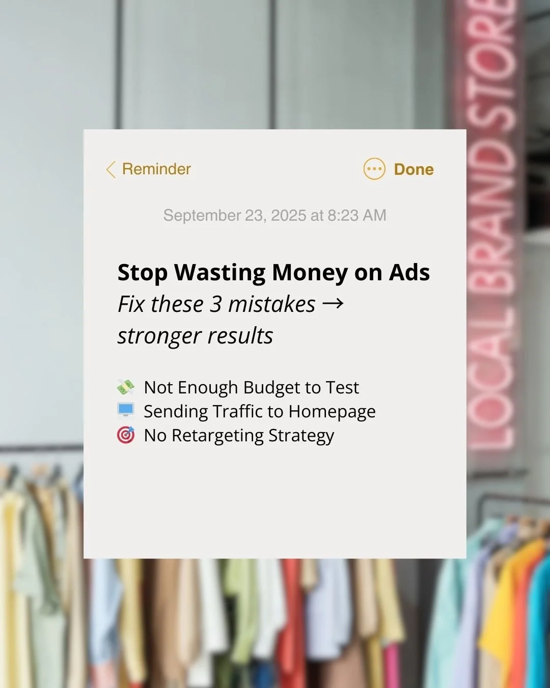Here are the top 3 mistakes we see small businesses make:
1. Not enough budget to test
2. Sending traffic to their homepage
3. No retargeting strategy

Fix these and your ads will instantly perform stronger.

This is exactly what we help our clients 
