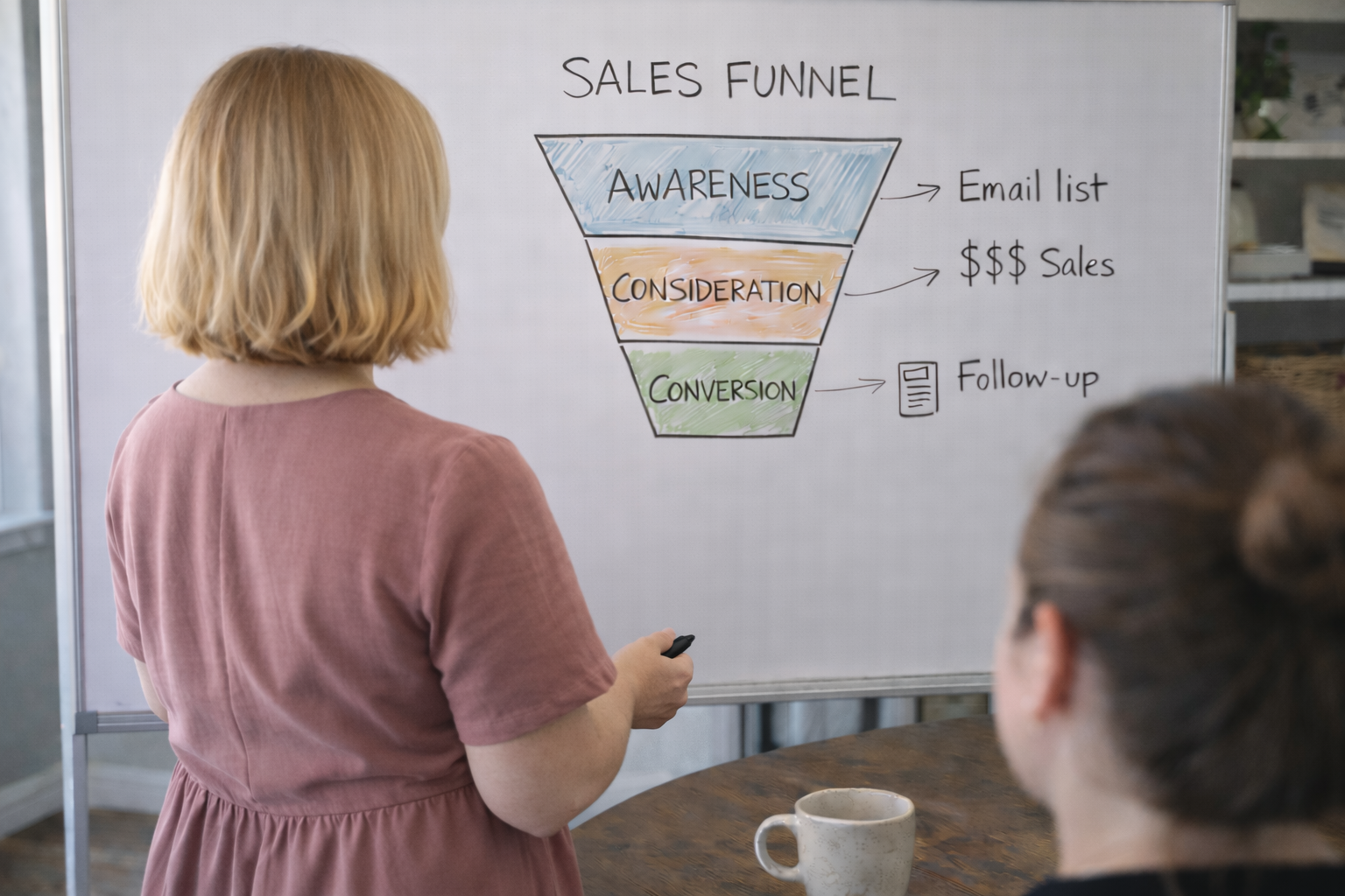 Sam DiNicola presenting a sales funnel marketing strategy on a whiteboard during a strategic business consulting session with a small business owner.