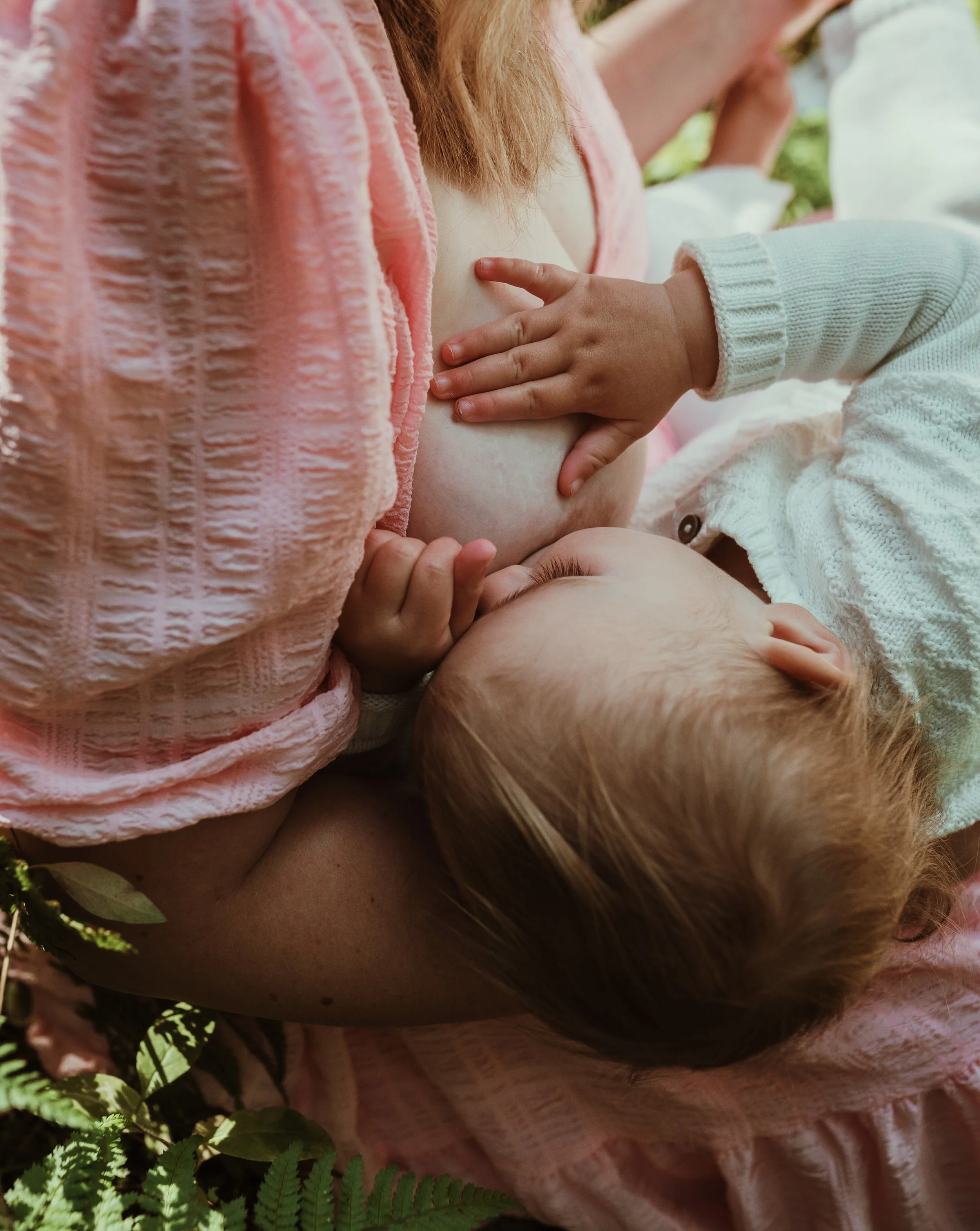 Mother nursing her newborn in a pink dress in Scottish woodland during an outdoor nursing photography session with Marieke Captures Birth