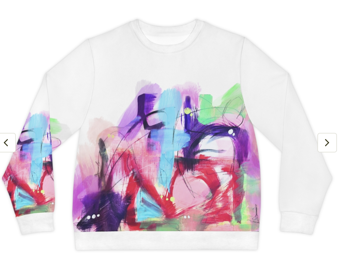 White sweatshirt with colorful abstract graffiti-style artwork in purple, blue, pink, red, green, and black.