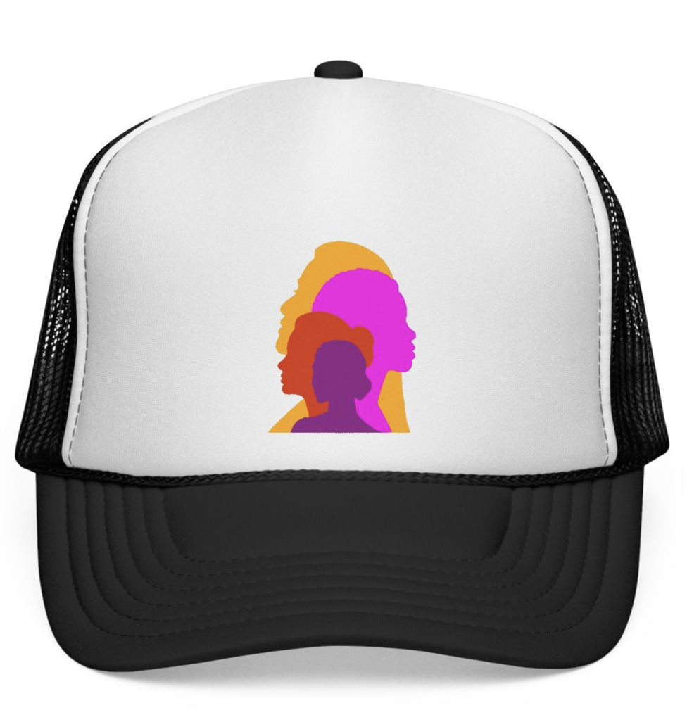 A white and black trucker hat with a graphic of four overlapping silhouettes of women's profiles in different colors: orange, pink, red, and purple.