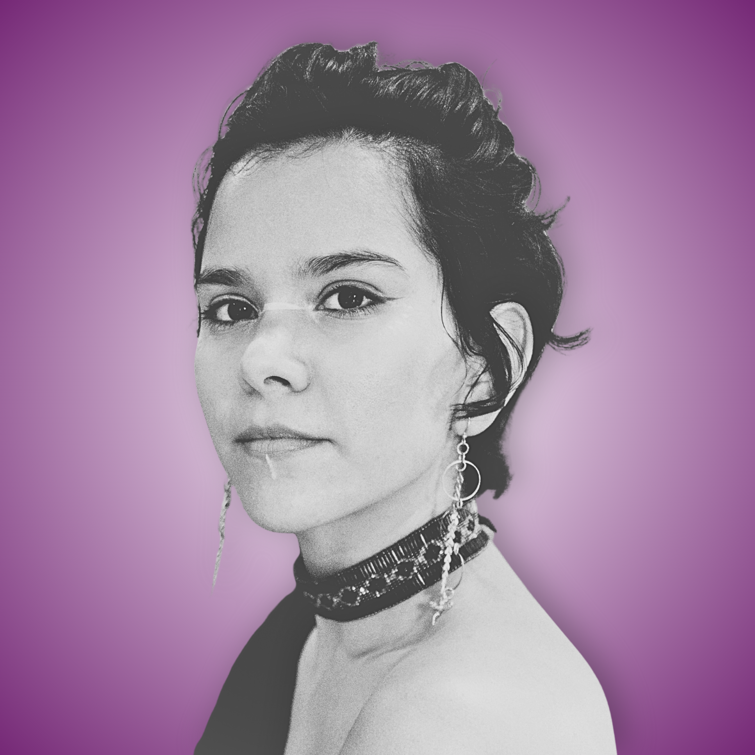 Black and white portrait of a woman with short, wavy hair, wearing earrings, a choker necklace, and a black top, with a purple gradient background.
