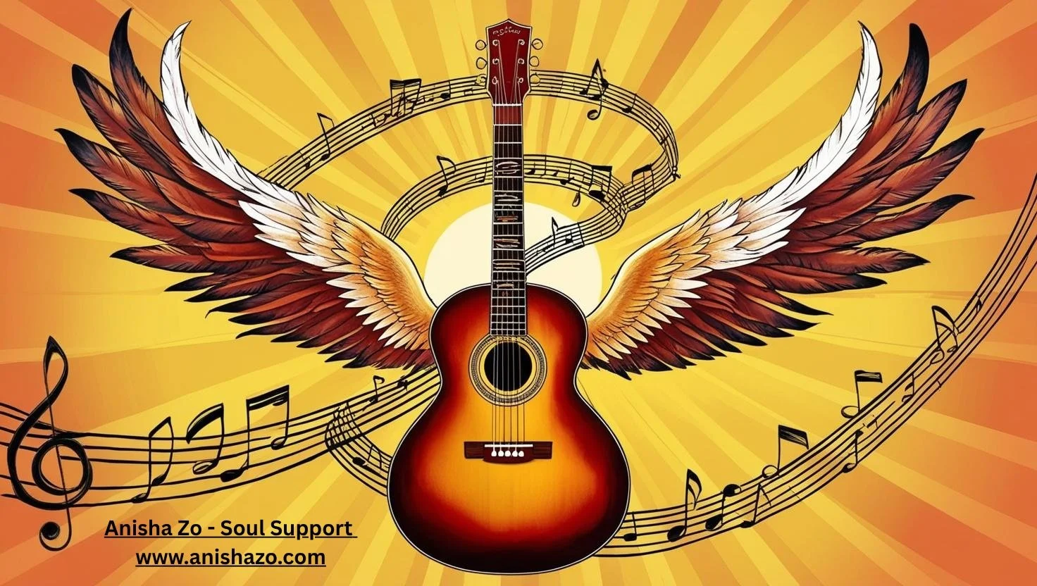 A digital illustration of a guitar with angel wings, set against a background of radiant yellow and orange rays. Musical notes flow around the guitar, emphasizing a musical theme.