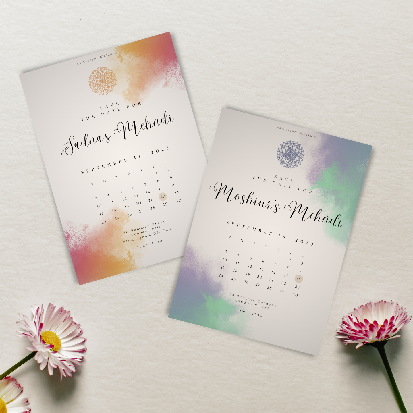 Custom mehndi invitations for bride and groom, with pastel colour designs