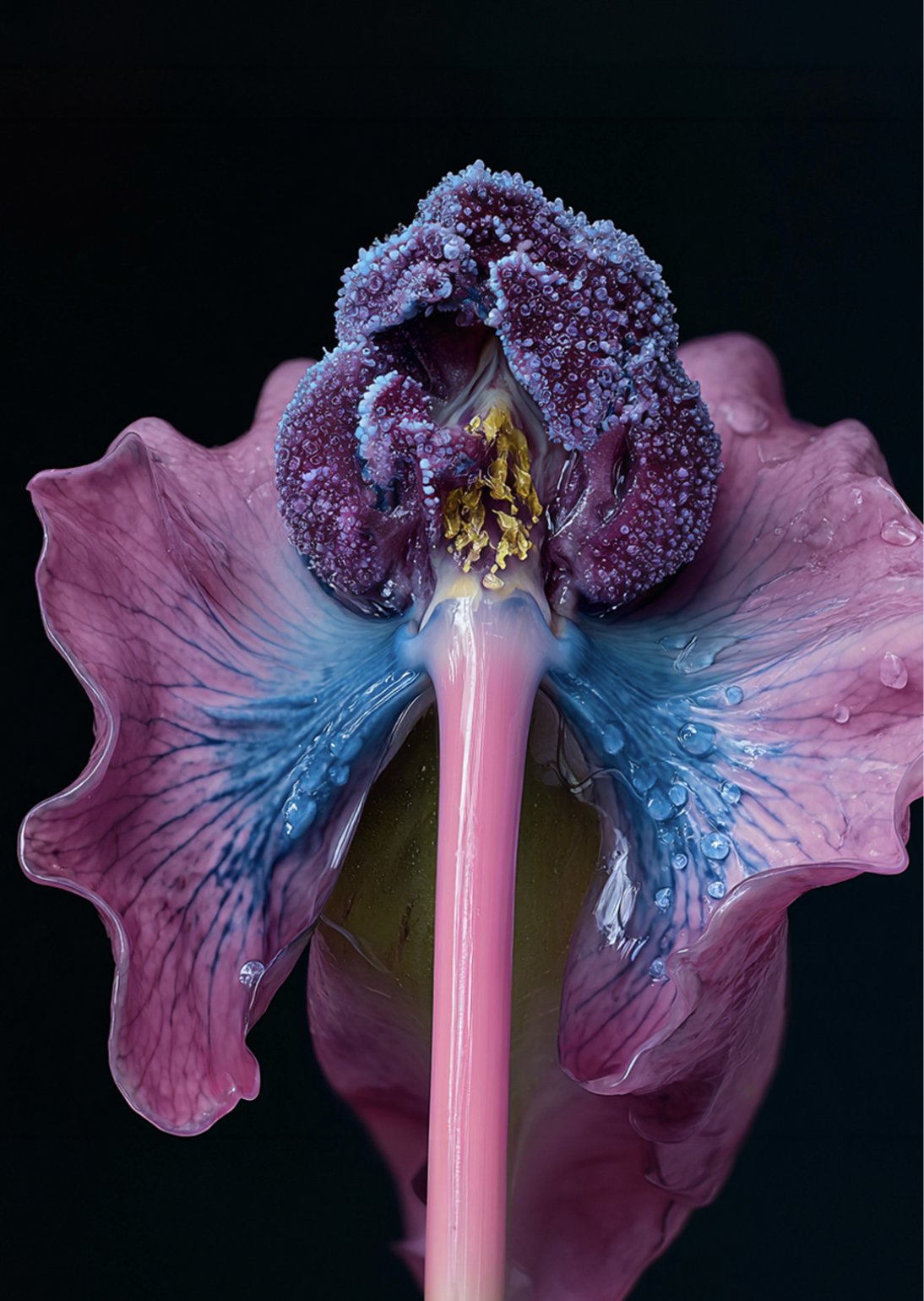 Nahaufnahme eines bunten Irisblumens, das Wassertränen auf den Blütenblättern erscheinen, mit rosa und bläulichen Farben gegen schwarzen Hintergrund.