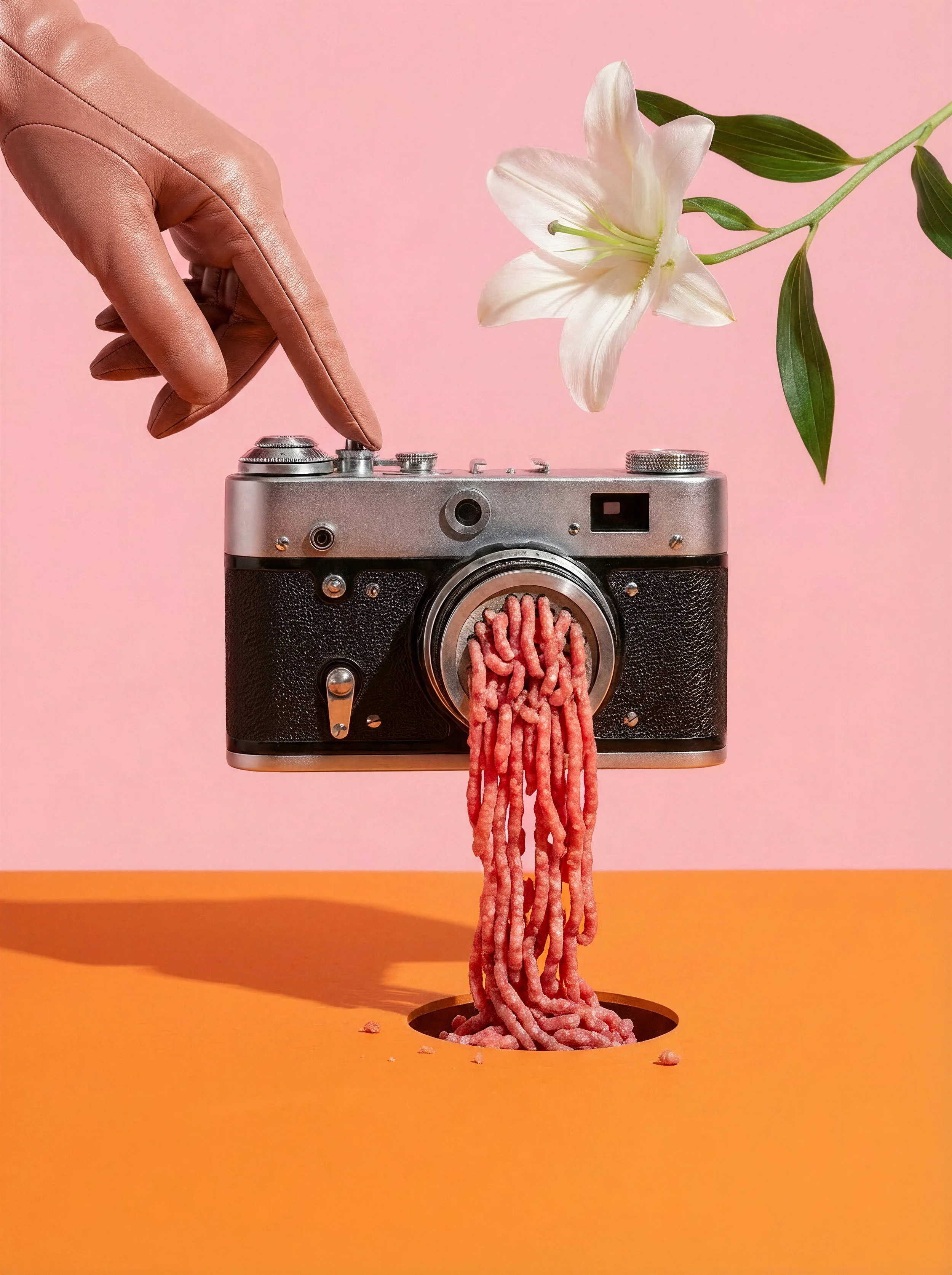 Eine Kamera auf einem orangefarbenen Tisch, aus der rotes Nudeln wie Pasta heraushängen, während eine Hand eine Blume über die Kamera hält. Der Hintergrund ist rosa.