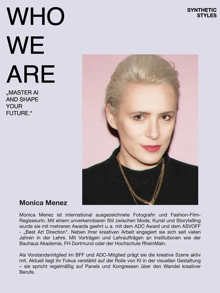 Meet @monicamenez ✨
International ausgezeichnete Fotografin &amp; Fashion-Film- Regisseurin und Mitgr&uuml;nderin von @syntheticstylesai 

Seit dem Erkunden von KI hat Monica bereits mehrere Kundenauftr&auml;ge, wie auch ein Ki Werbefilm erstellt und