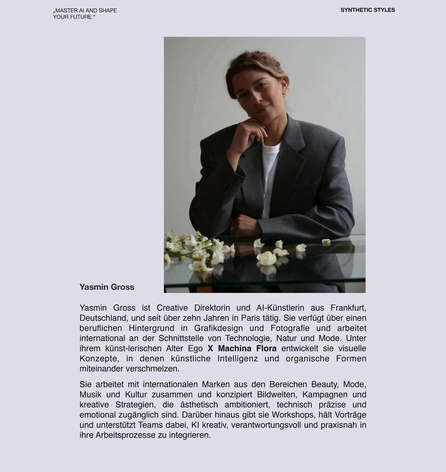 Wir freuen uns sehr ank&uuml;ndigen zu d&uuml;rfen, dass Yasmin Gross aka @x.machina.flora bald einen Vortrag &uuml;ber Stilentwicklung und Kreativit&auml;t im Zeitalter der KI bei uns halten wird. 

Sie arbeitet mit internationalen Marken im Bereich