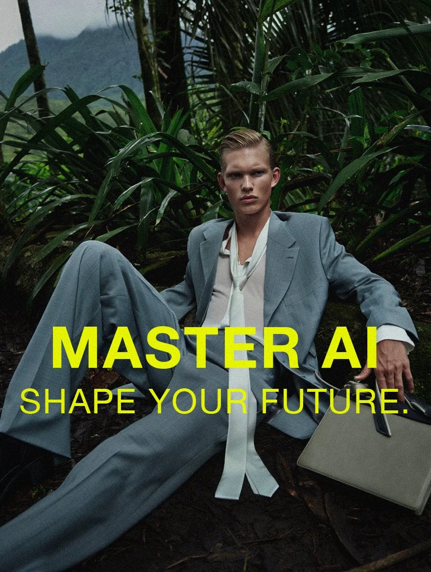 Eine Person in einem grauen Anzug sitzt in einem Dschungel, umgeben von grünen Pflanzen, mit textüberlagerung "MASTER AI SHAPE YOUR FUTURE".