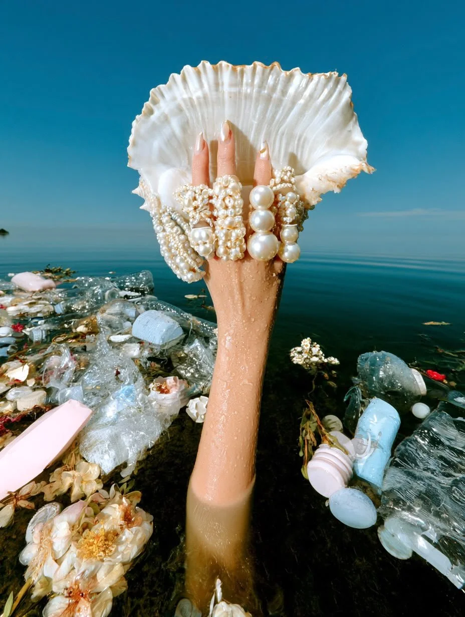 Hand, die aus Wasser mit Müll und Seetang hält, trägt eine Perlenkette und hält eine große Muschel hoch, im Hintergrund Meer und Himmel.