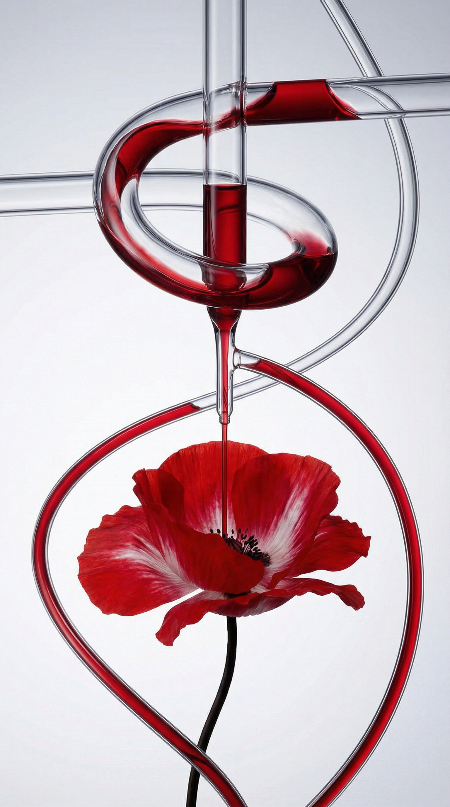Ein medizinisches Glasgerät mit rotem Flüssigkeit, in das eine rote Mohnblume integriert ist, im Stil eines Kunstwerks