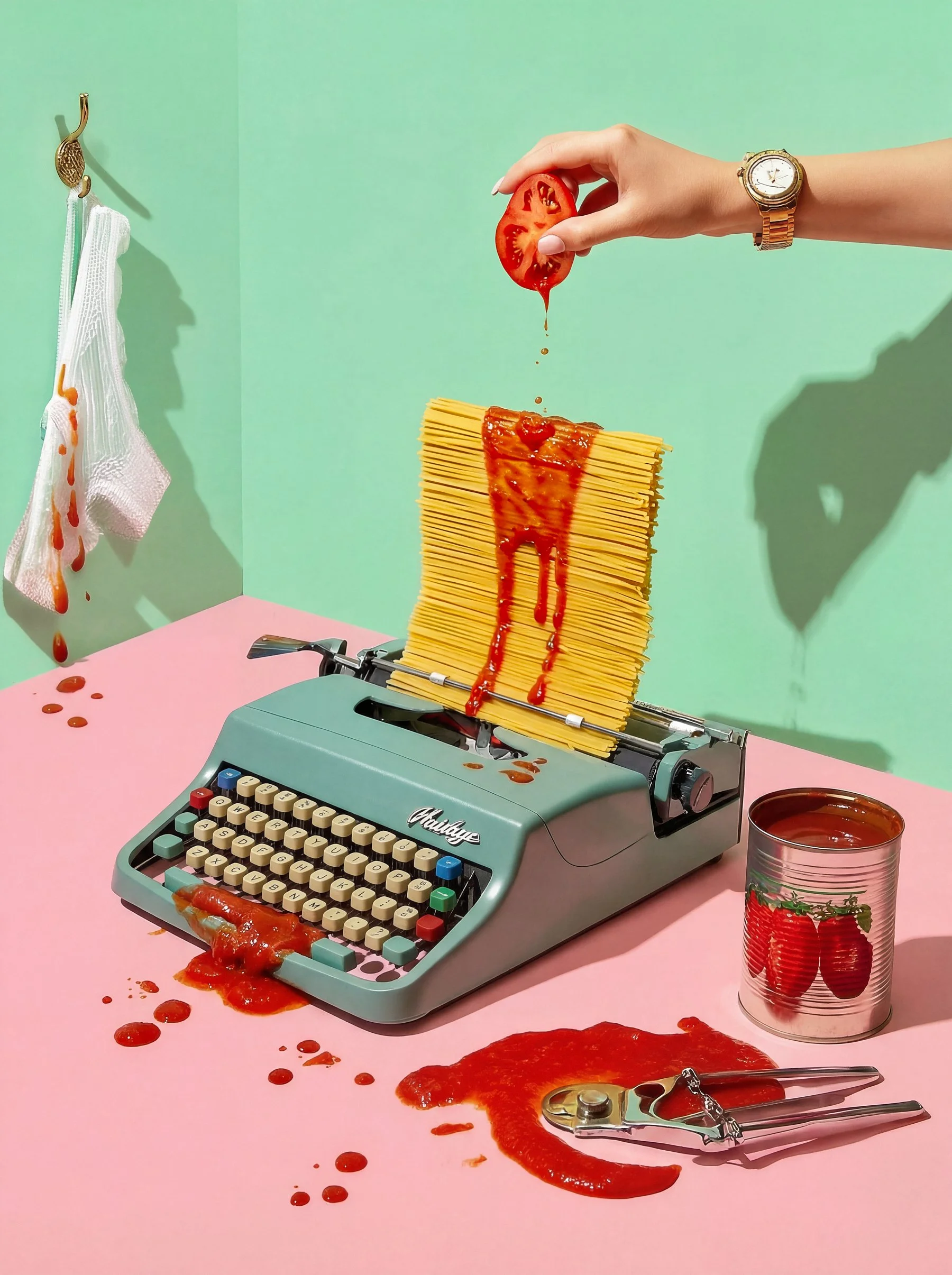 Eine Vintage-Schreibmaschine auf einem pinken Tisch, die mit Tomatensauce bedeckt ist. Eine Hand hält eine Tomate über die Maschine, sodass die Sauce auf die Spaghetti auf der Walze tropft. Es gibt eine geöffnete Tomatendose und eine große Tomatensauce in einer Schüssel. Verschiedene Küchenutensilien, darunter eine Zange, liegen auf dem Tisch. Eine weiße Küche-Handschuhe hängen an einer Haken an der Wand.