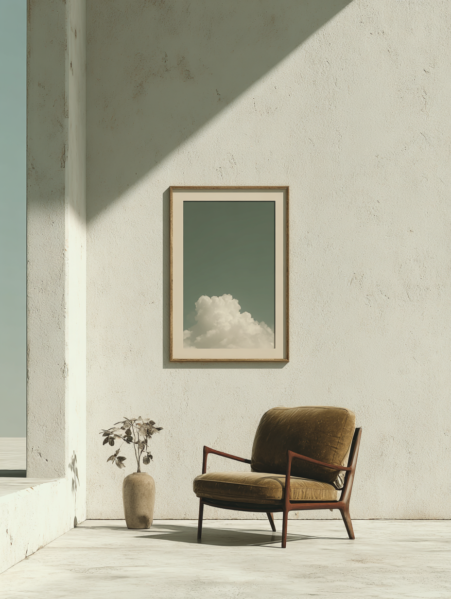 Ein gemütlicher Sitzsessel mit braunem Veloursbezug steht auf einem weißen Boden neben einer Vase mit einer kleinen Pflanze. An der weißen Wand darüber hängt ein gerahmtes Bild eines Himmels mit Wolken, das von Sonnenlicht beleuchtet wird.