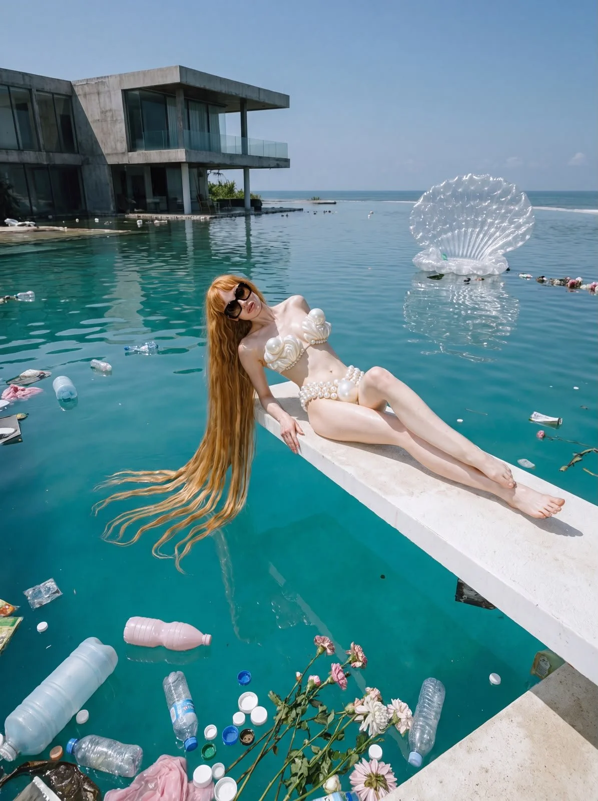 Eine Frau mit langen roten Haaren in einer Meerjungfrauen-ähnlichen Kostüm liegt an einem Poolrand, umgeben von Müll und Wasserflaschen, mit einem modernen Haus im Hintergrund und einer großen Muschelskulptur im Wasser.