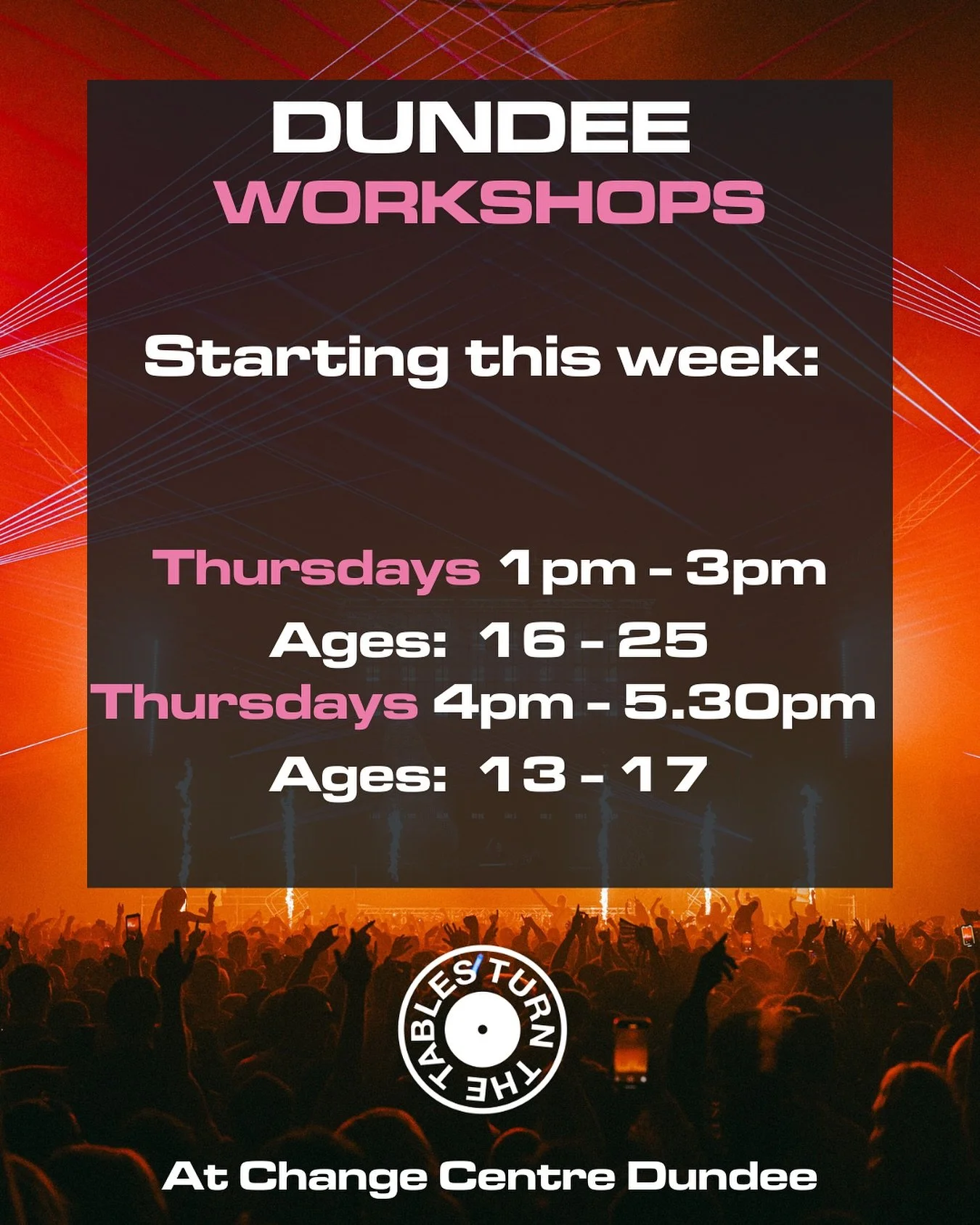 We have a FOUR spaces left for youth workshops in Dundee. 

Anyone who may know a young person who might be interested and fits with below: 

Please email us: 

Hello@turnthetables.co.uk

As part of our partnership with @hannahlaingdj we will be offe