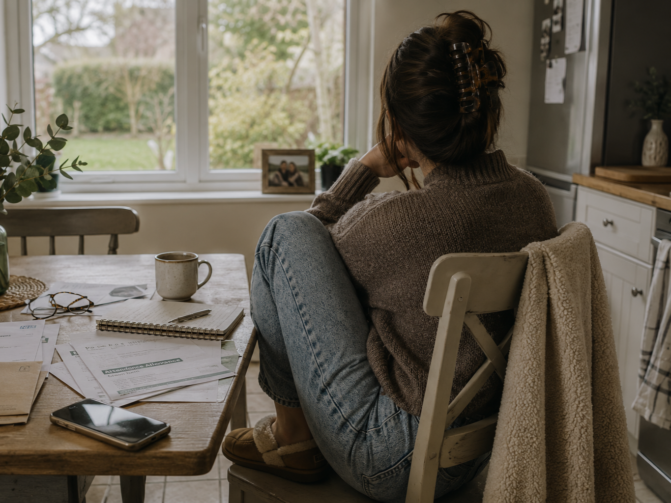 Woman sitting at kitchen tabled surrounded by paperwork as she cares for her ageing parentsts