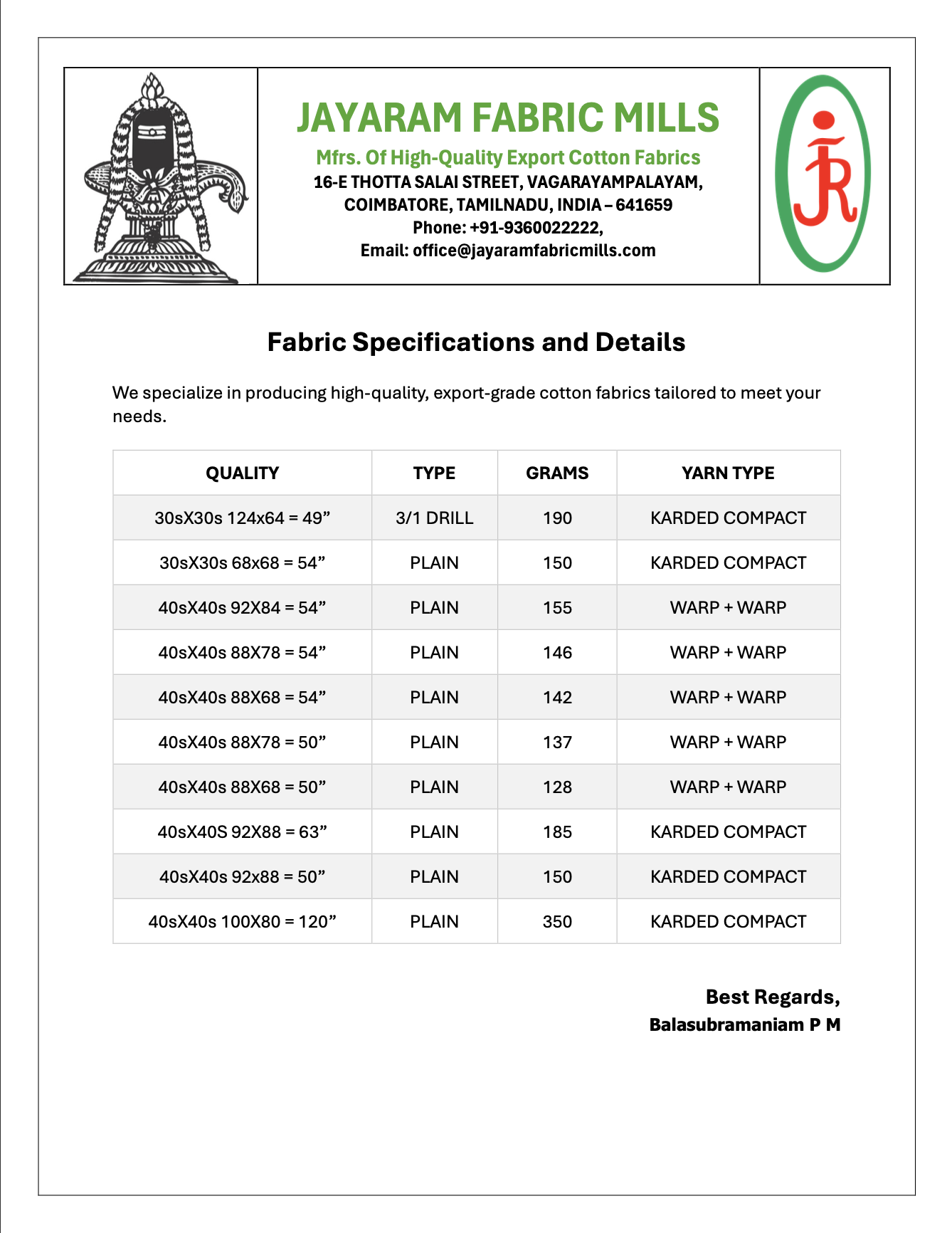 Fabric specifications and details from Jayaram Fabric Mills, including types, weights in grams, and yarn types for various grey cotton fabrics.