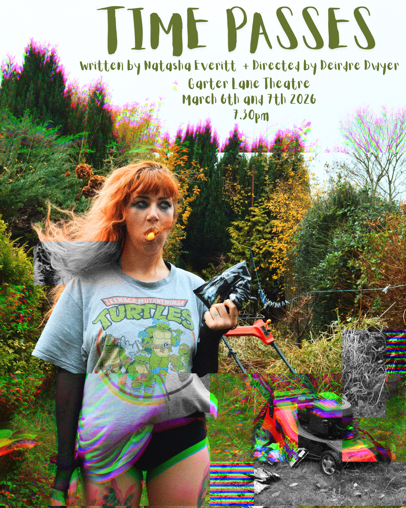 Event poster for a theatrical production titled 'Time Passes' featuring a woman with red hair wearing a Teenage Mutant Ninja Turtles shirt, holding a snack, set outdoors with trees, grass, and a red lawn mower visible in the background.