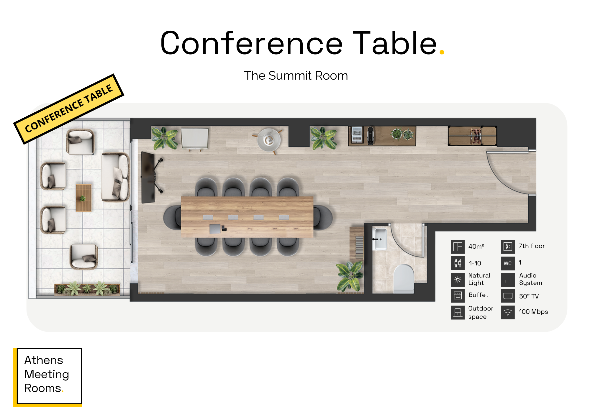 Floor plan of a conference room with a long table, nine chairs, a smaller seating area with four chairs and a coffee table on a balcony, kitchen appliances, and potted plants. The room has a door, a WC, and various icons indicating features like natural light, buffet, outdoor space, and Wi-Fi.