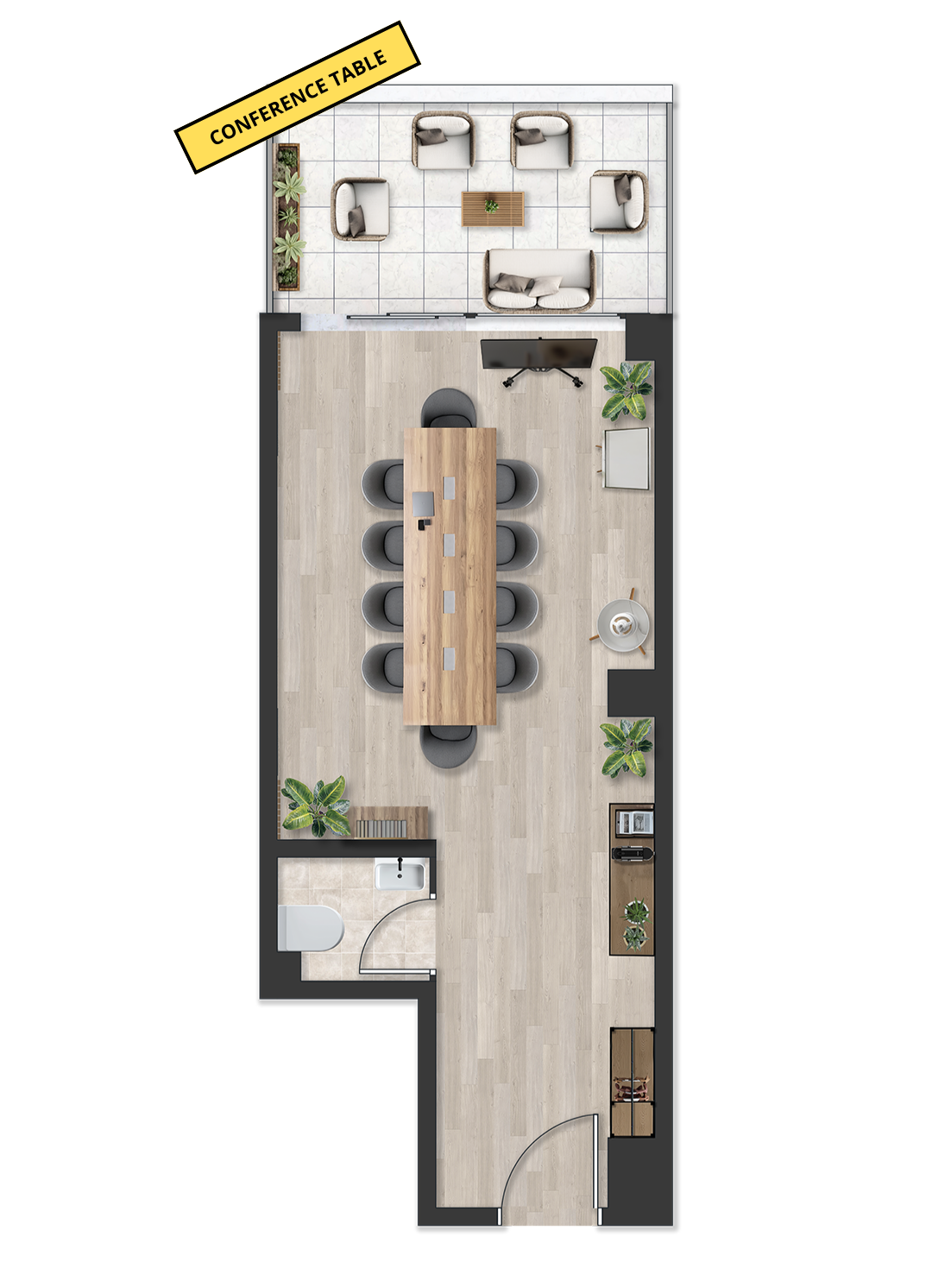 Floor plan of an office conference room with a large table surrounded by chairs, a small lounge area with armchairs and a sofa, a TV, plants, a kitchenette, and a small bathroom.