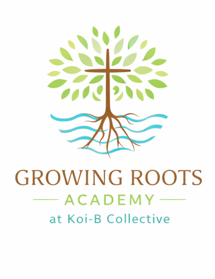 Logo of Growing Roots Academy featuring a tree with roots and leaves, with text below indicating it is at Koi-B Collective.