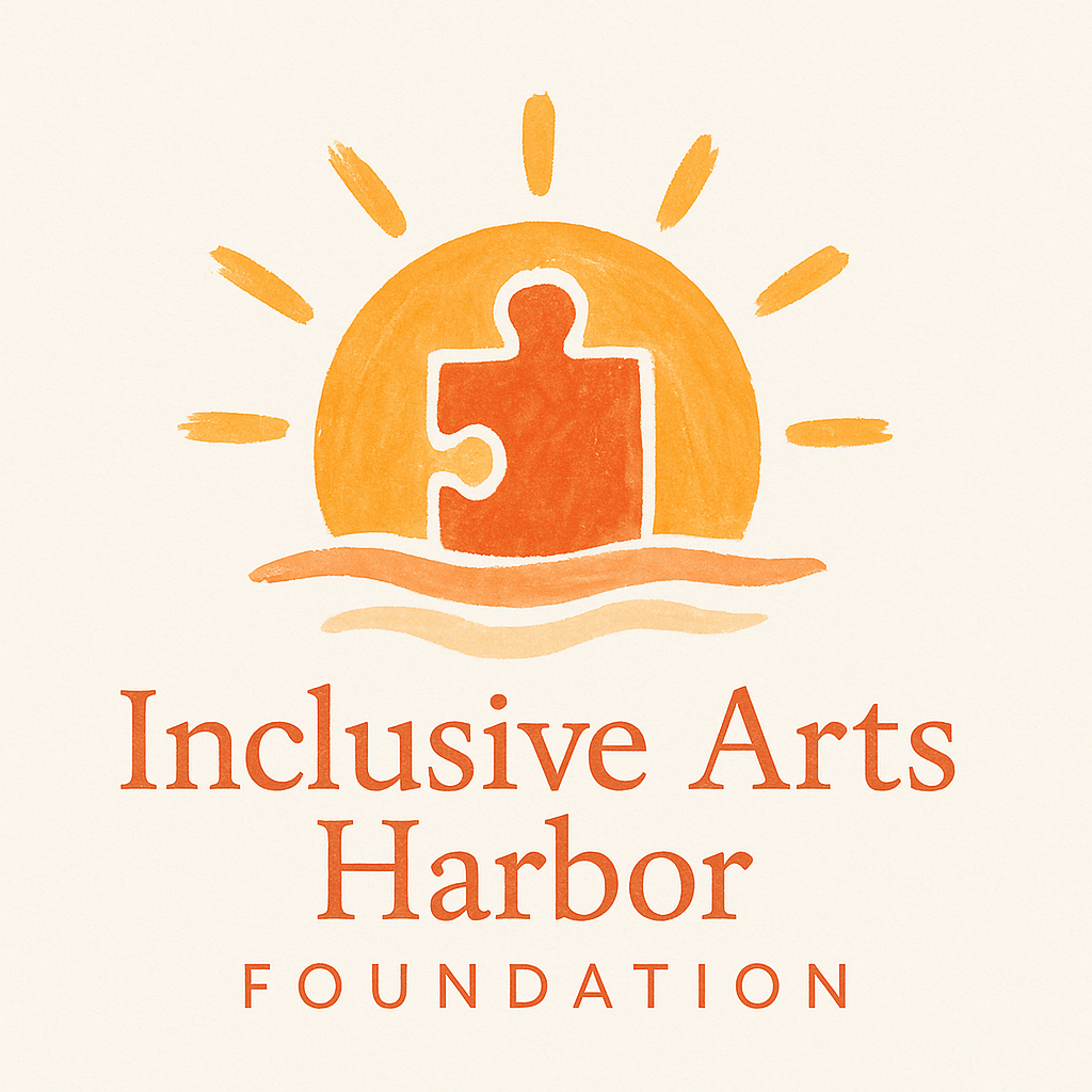 Logo of Inclusive Arts Harbor Foundation featuring an orange puzzle piece sun over water with rays