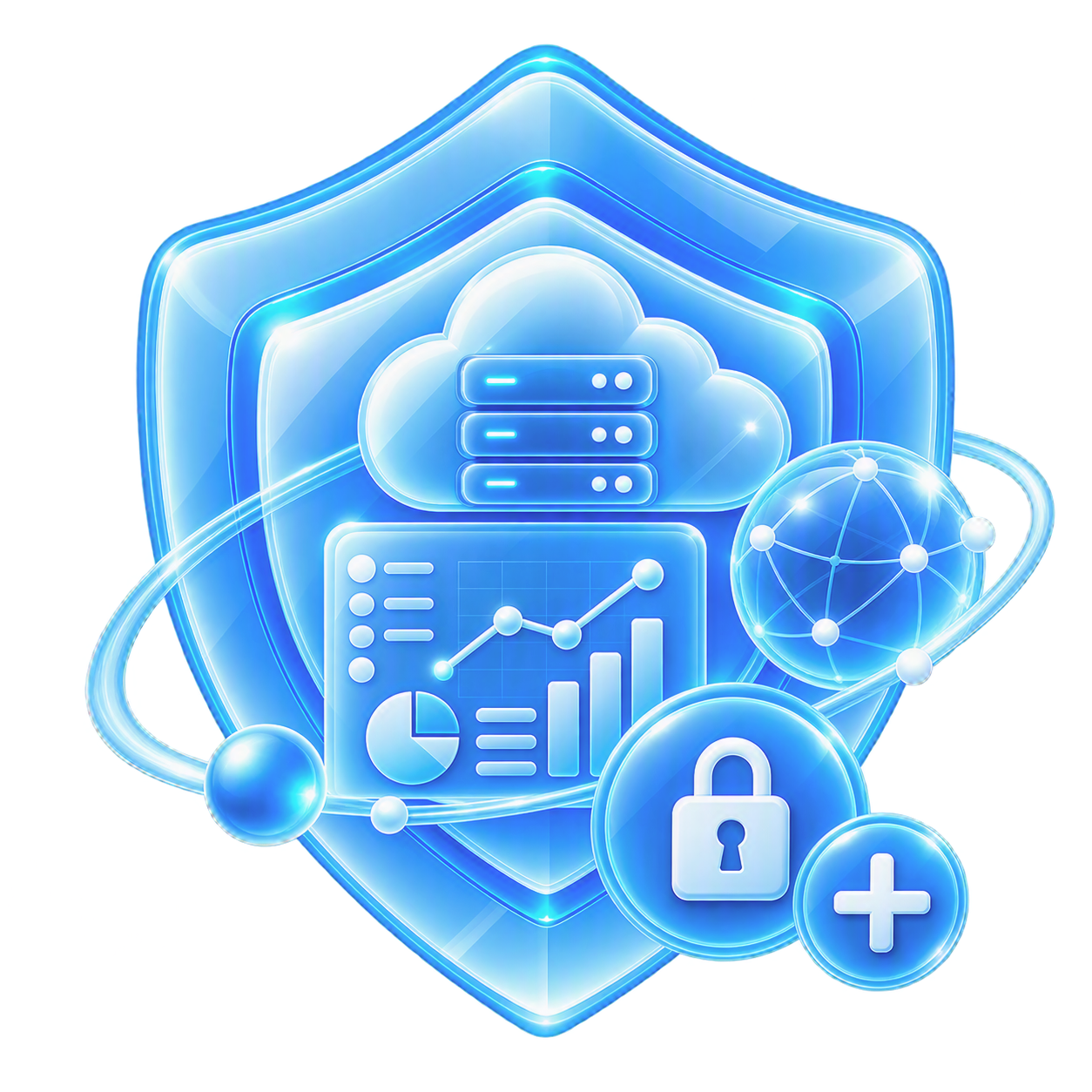 Digitales Sicherheits- und Datenschutzsymbol mit einem Schutzschild, Wolken- und Server-Icons, Graphen, Globus, Schloss und Pluszeichen, die Cybersicherheit und Cloud-Daten schützen.