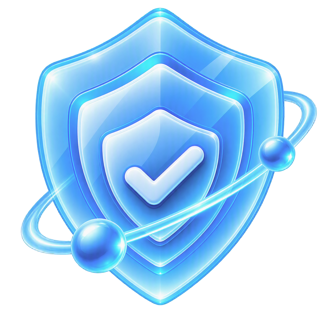 Blaue digitale Schutzschild mit Häkchen, umgeben von orbitalen Kugeln, symbolisiert Sicherheit und Schutz im digitalen Raum.