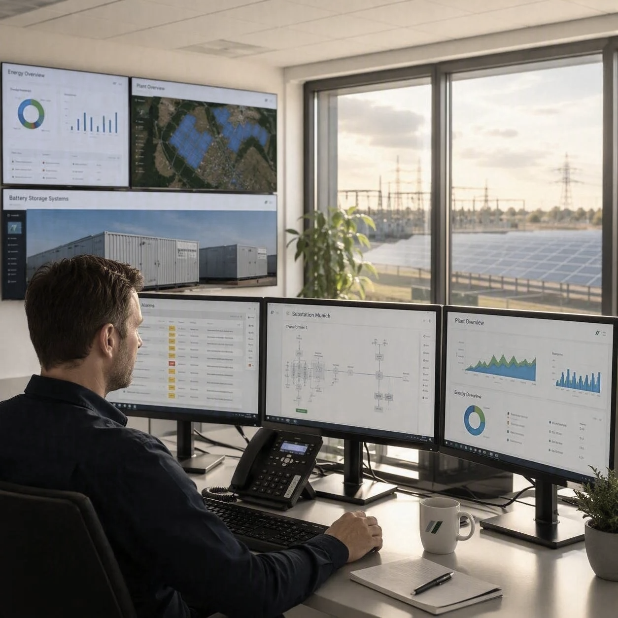 Mann arbeitet in einem Büro mit vier Monitoren, die Energieübersichten, Karten, Batteriestation und technische Diagramme zeigen, vor einem Fenster mit Solaranlagen im Freien.
