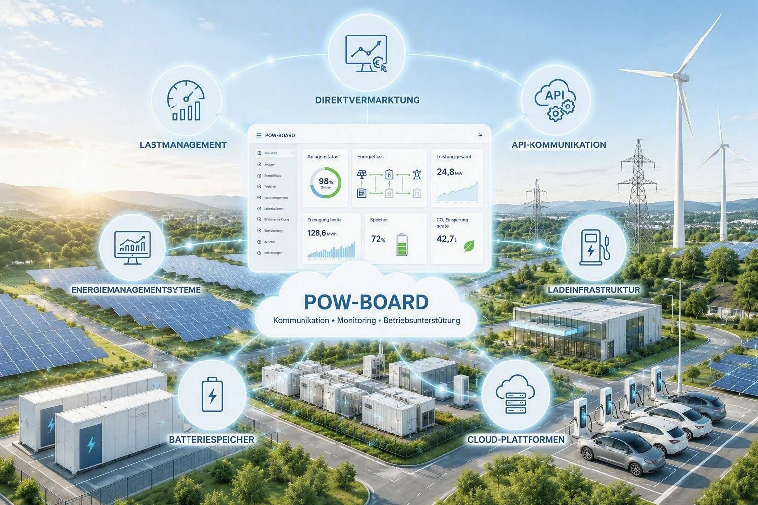 Übersicht über ein intelligentes Energiemanagementsystem mit Solaranlagen, Windenergie, Batterien und Ladestationen für Elektroautos, verbunden durch eine Cloud-Plattform, signalisierend Kommunikation und Monitoring.