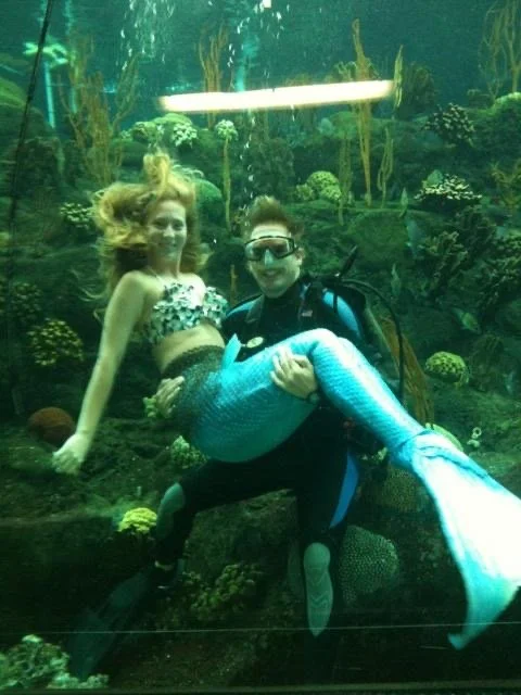 mermaid and scuba diver underwater in an aquarium