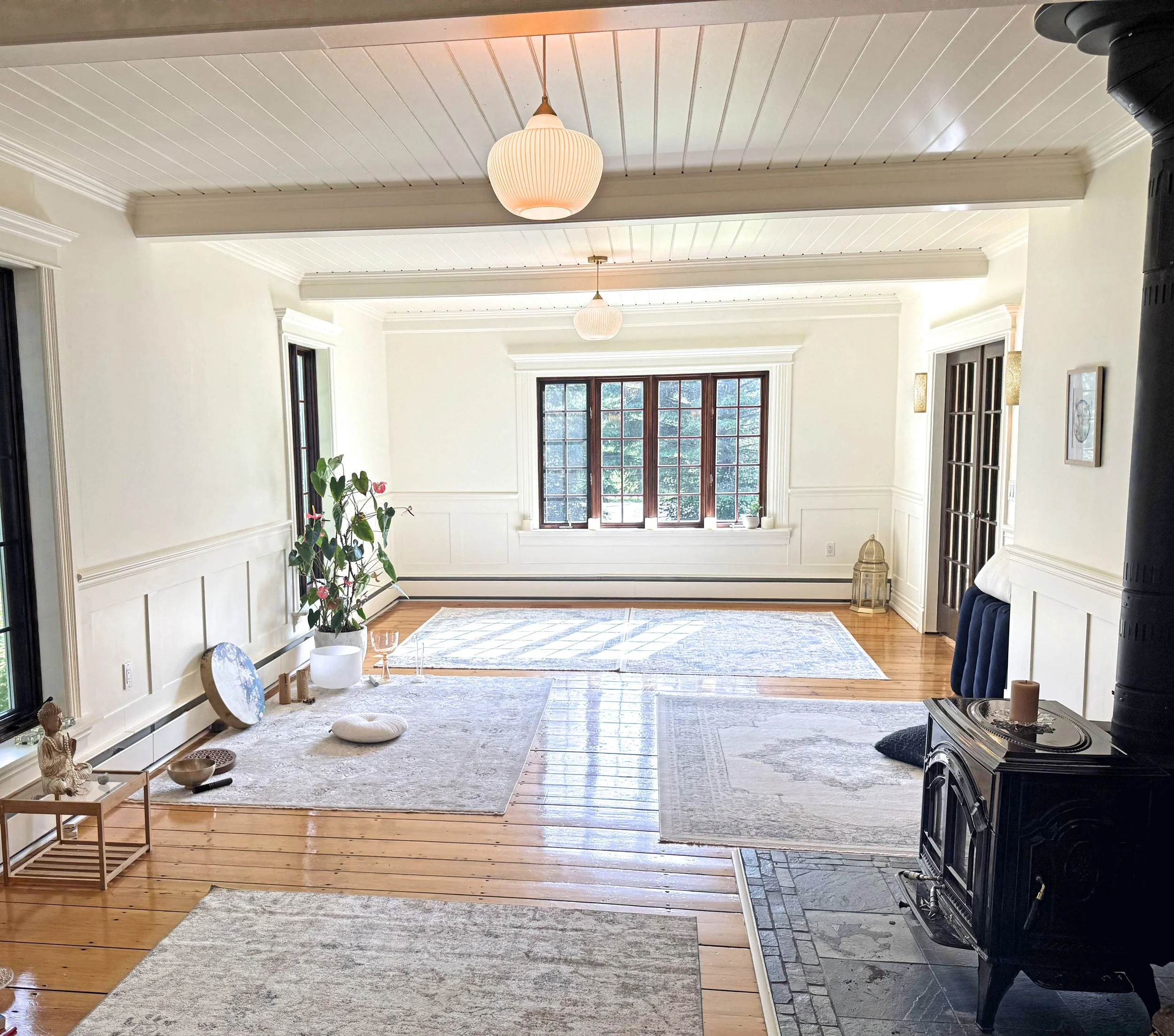 Une pièce lumineuse avec des tapis, une plante dans un pot, un chat qui repose sur des vêtements, une bougie allumée au sol, des fenêtres laissant entrer la lumière naturelle et des portes en verre en arrière-plan.