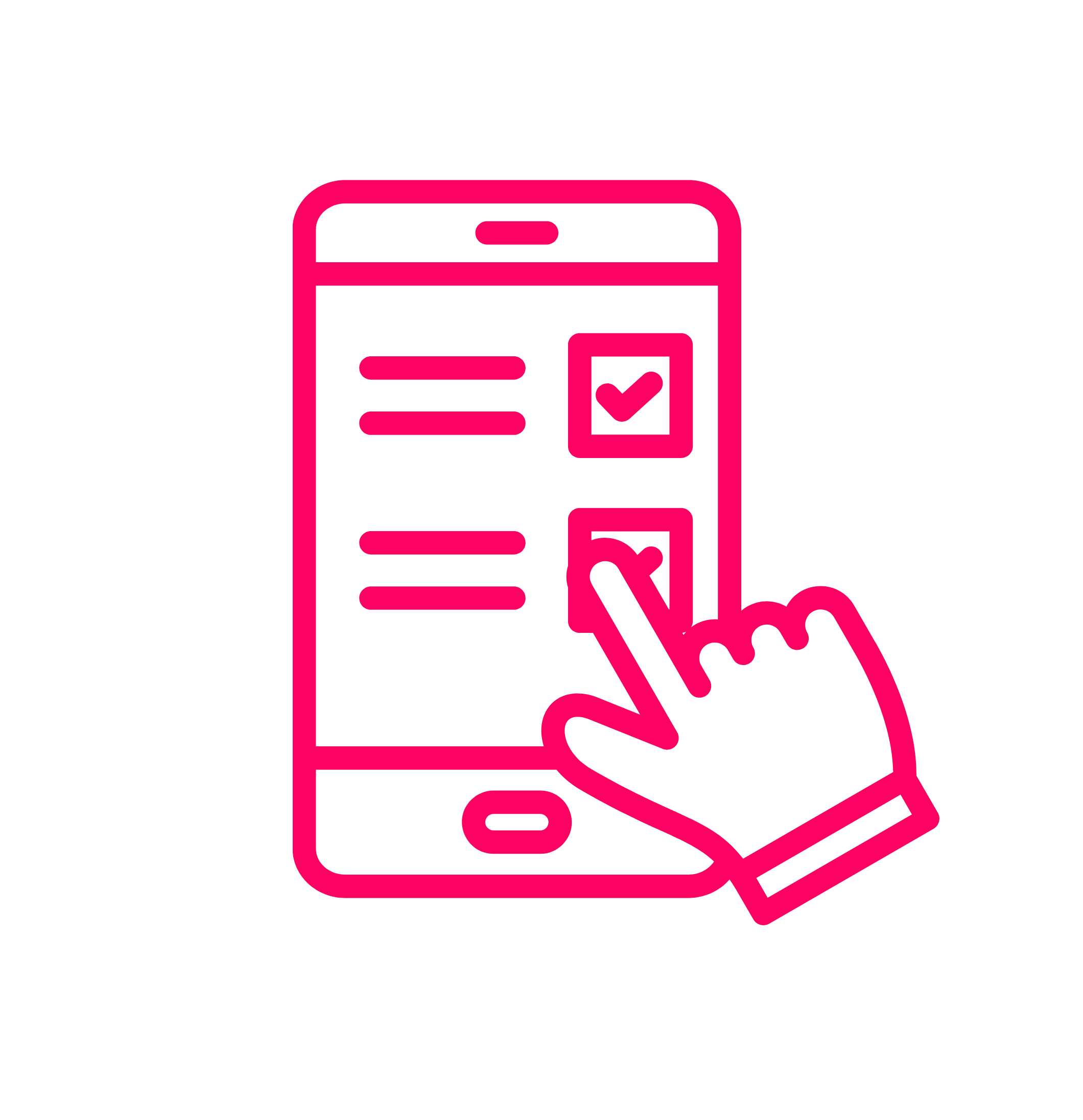 Pink line icon of a hand selecting options on a mobile phone survey.
