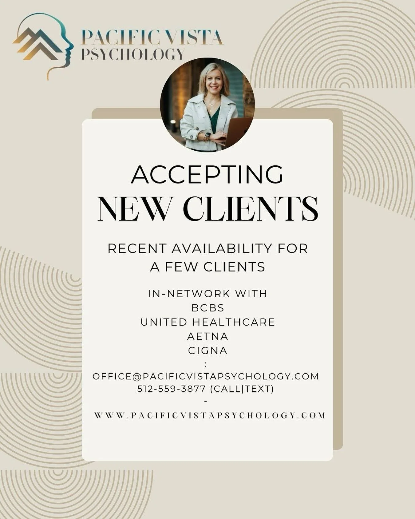 Megan Boutinen, PhD is accepting new clients! After weeks of no availability, a few spots have opened up! Visit www.pacificvistapsychology.com for more details about Megan and/or to schedule an appointment. 

#psychologypractice #mentalhealth #lakewa