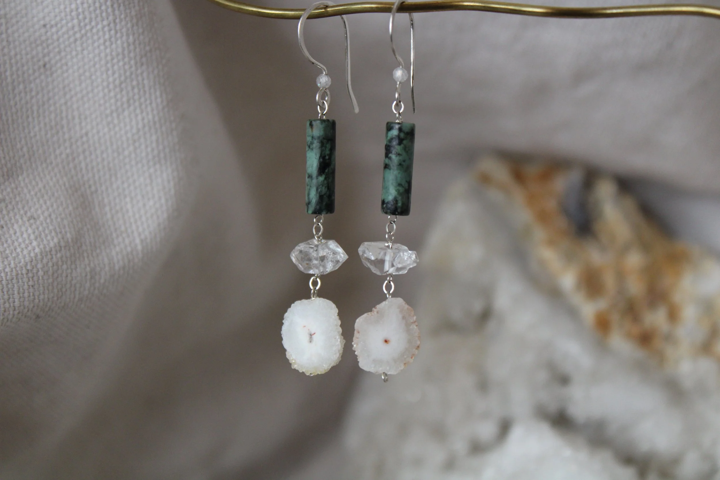 African Turquoise and solar quartz earrings sterling silver