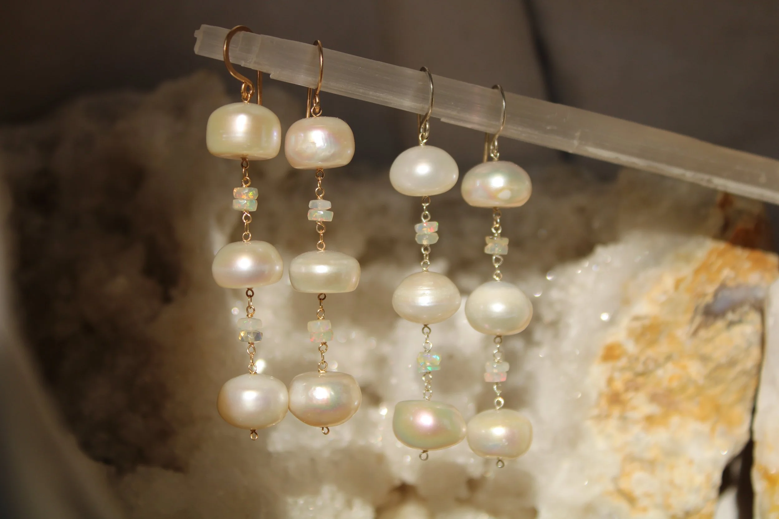 Chunky pearls and opal earrings