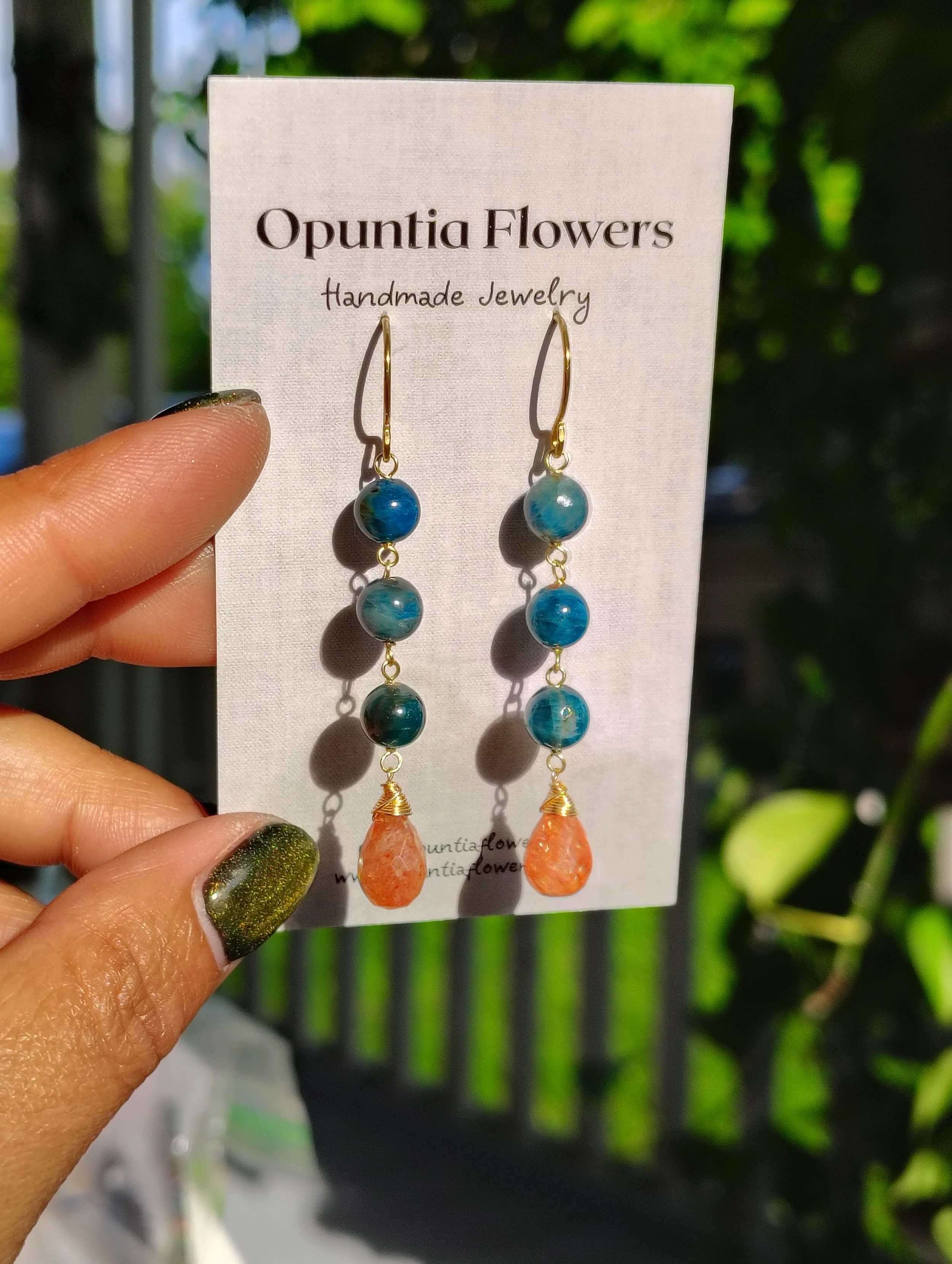 Apatite and Sunstone Brass Earrings