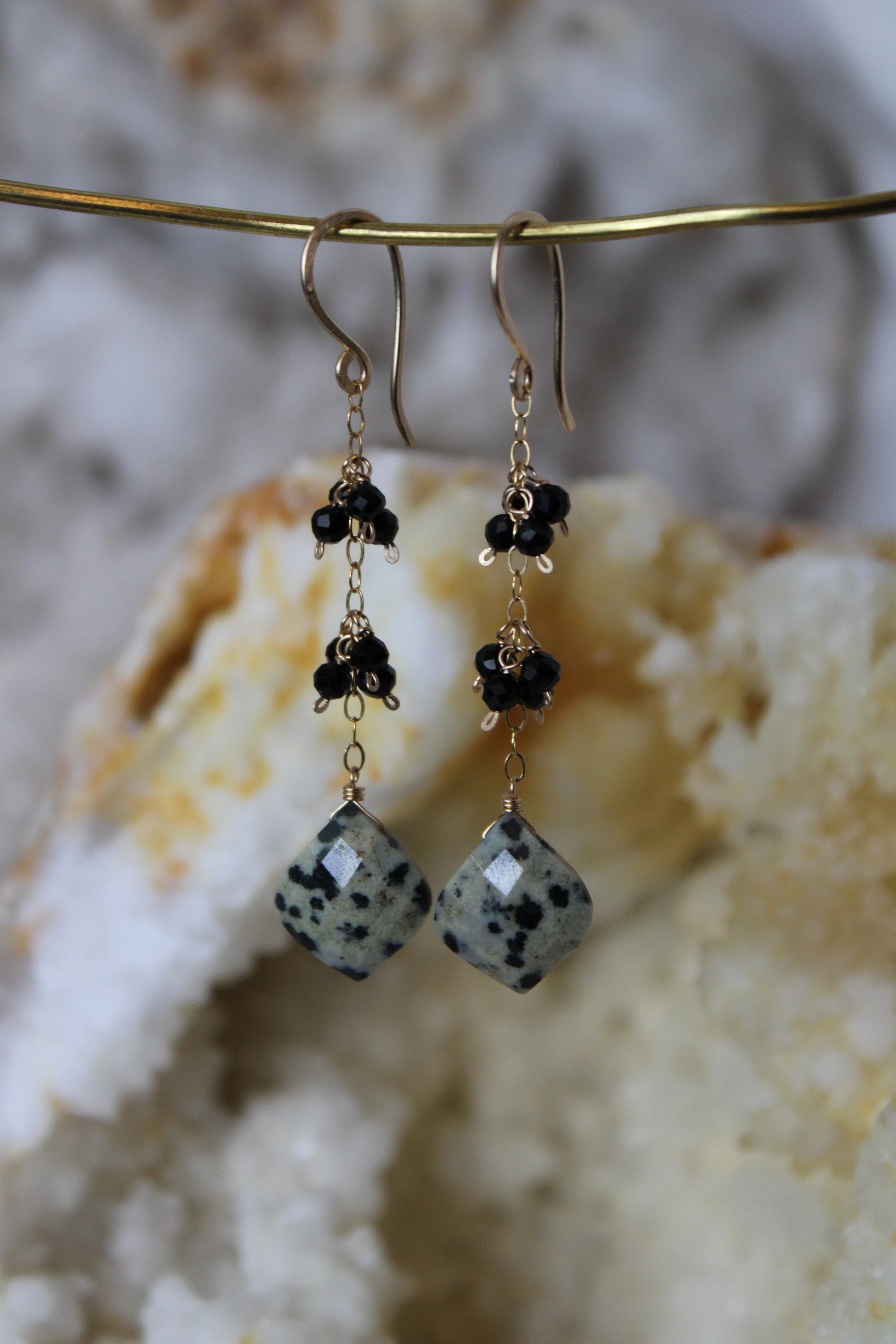 Dalmatian Jasper and black tourmaline dangles