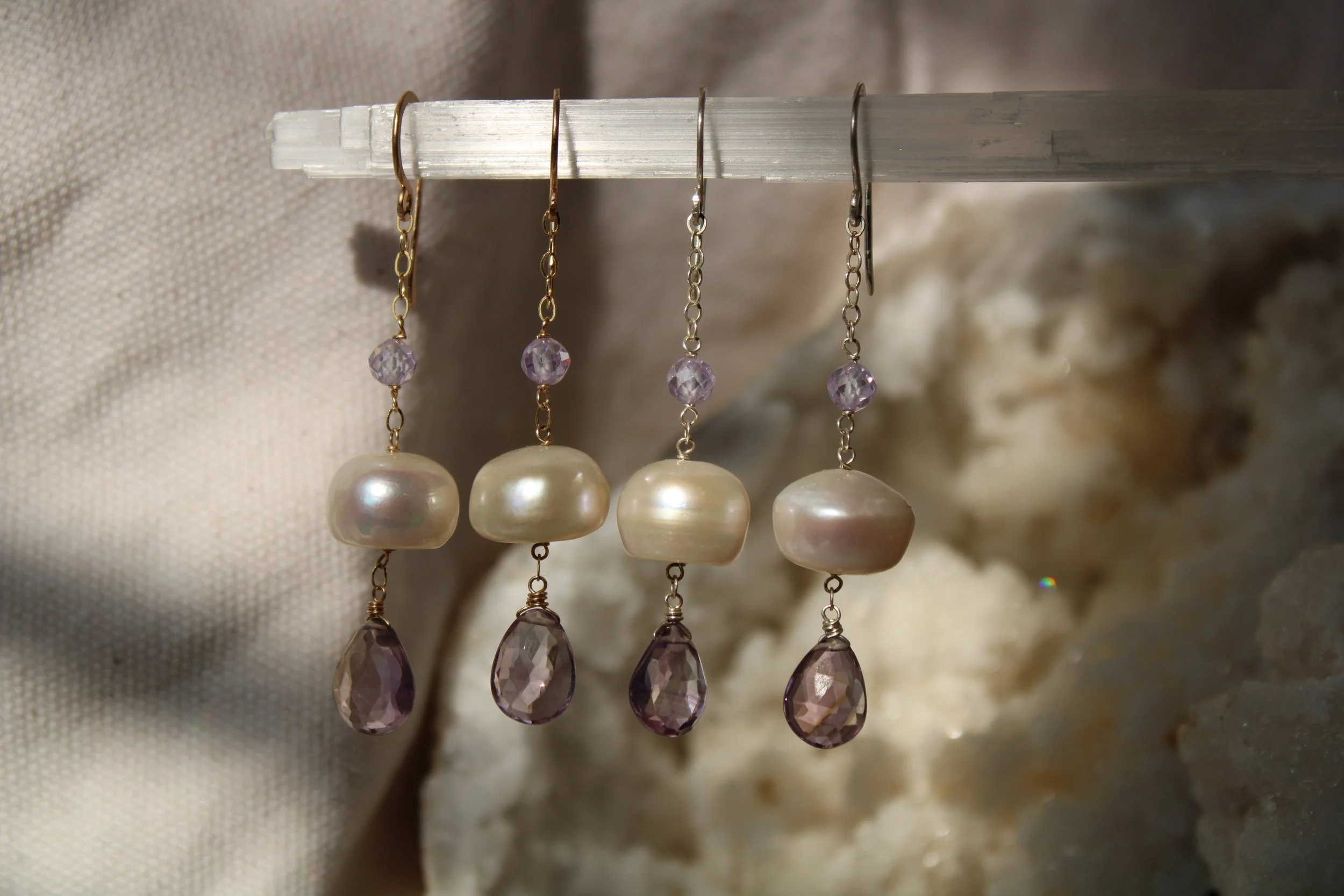 Pearl and amethyst drop earrings