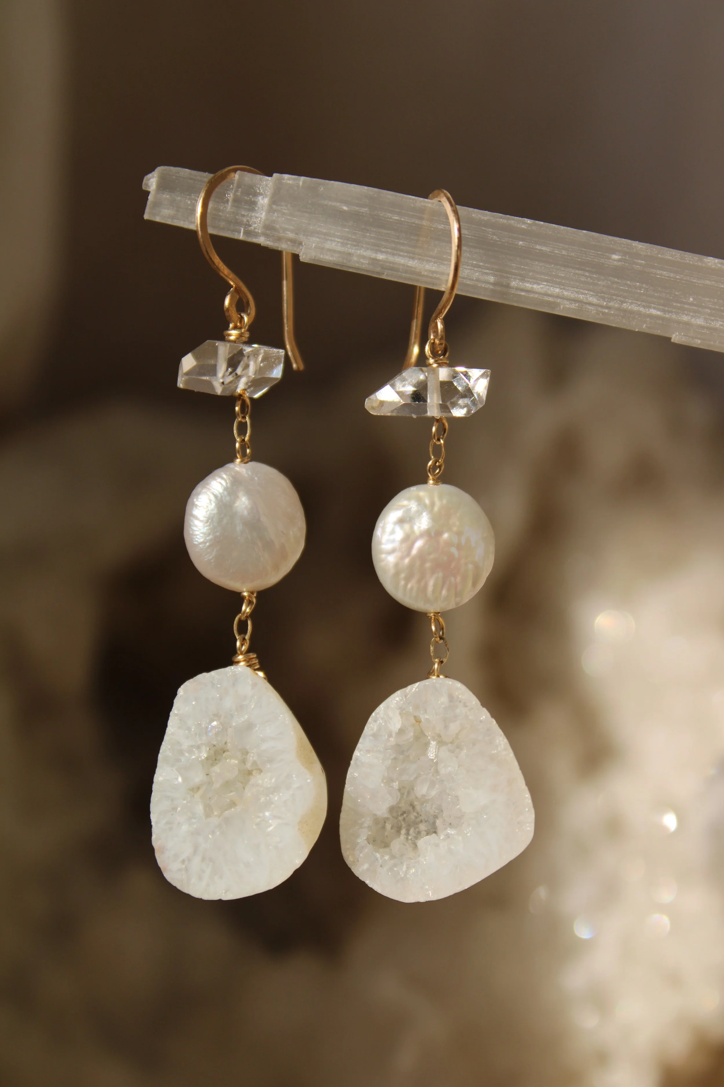 Geode and pearl statement earrings