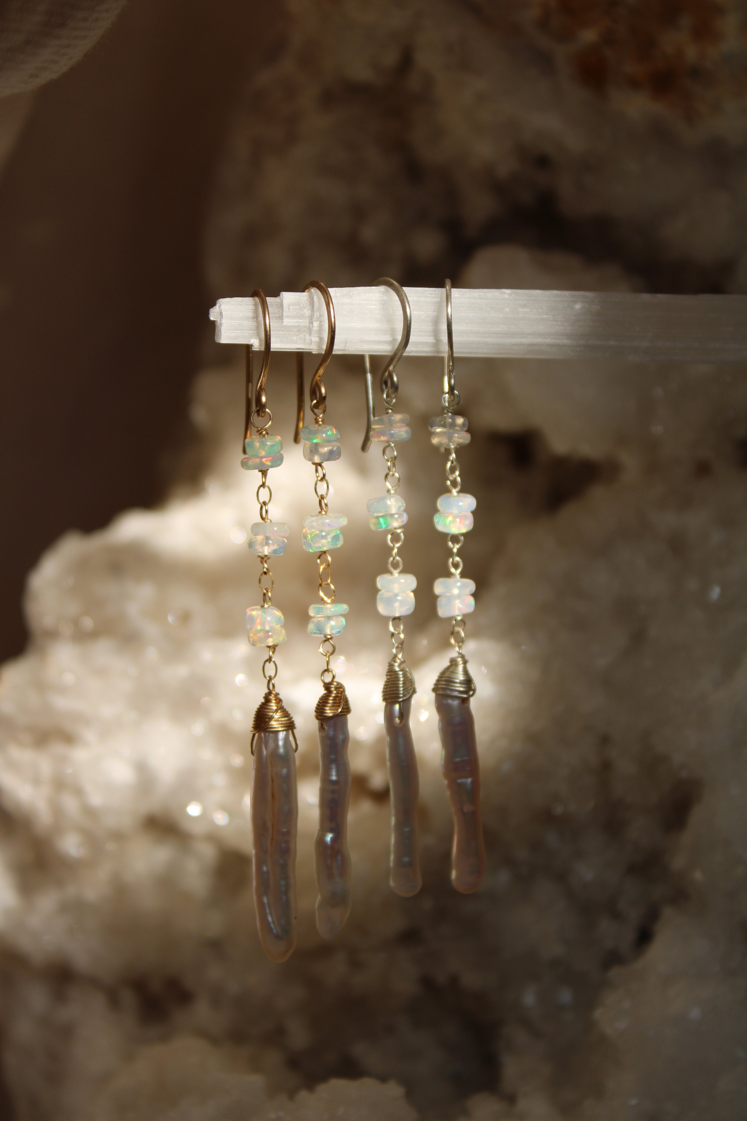 White opal and stick pearl earrings