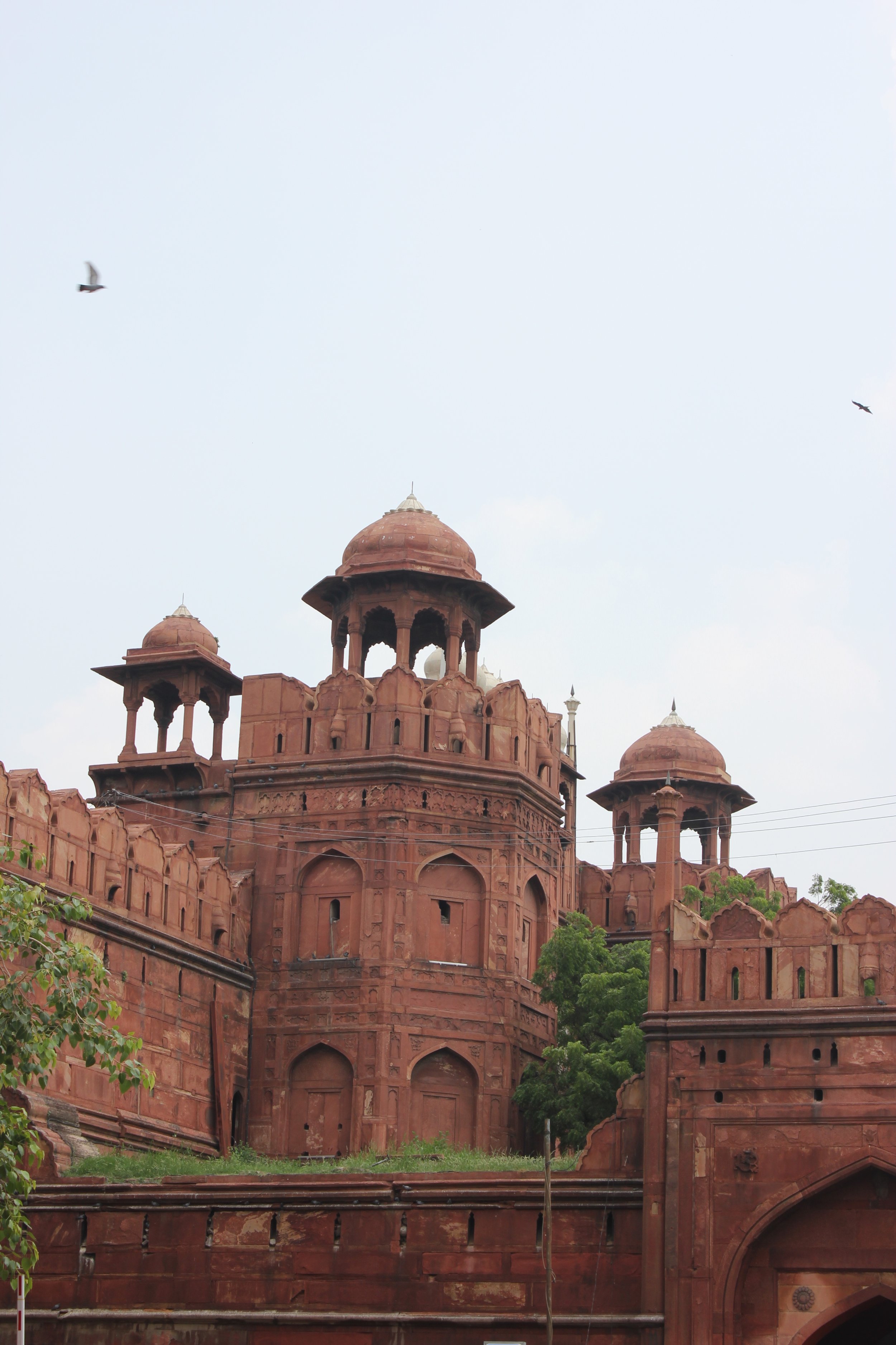 Red sandstone historic building with domes and arches, trees, and birds flying overhead, under a cloudy sky.