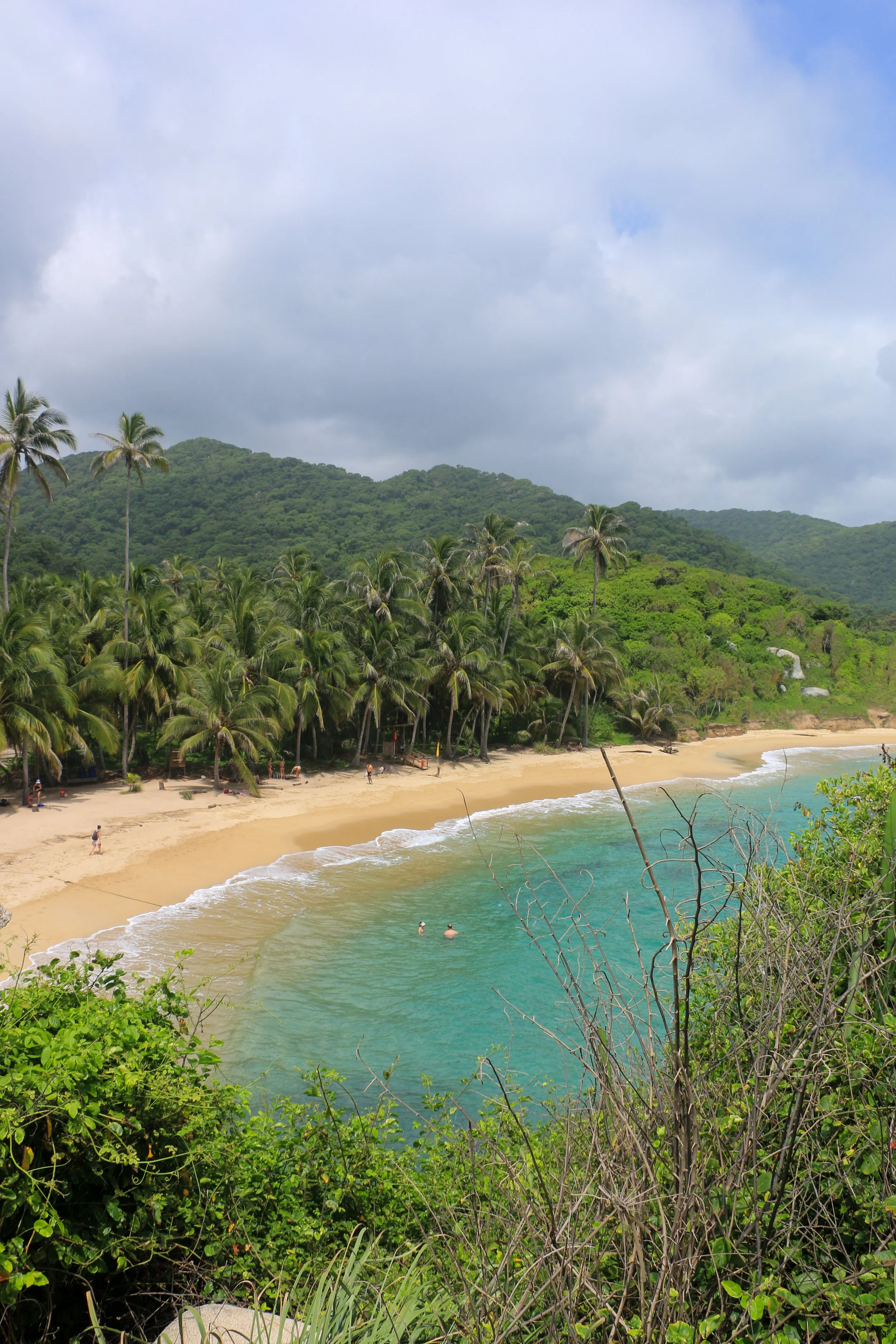 Tropical beach with palm trees, sandy shore, and turquoise water, backed by green hills and a cloudy sky.