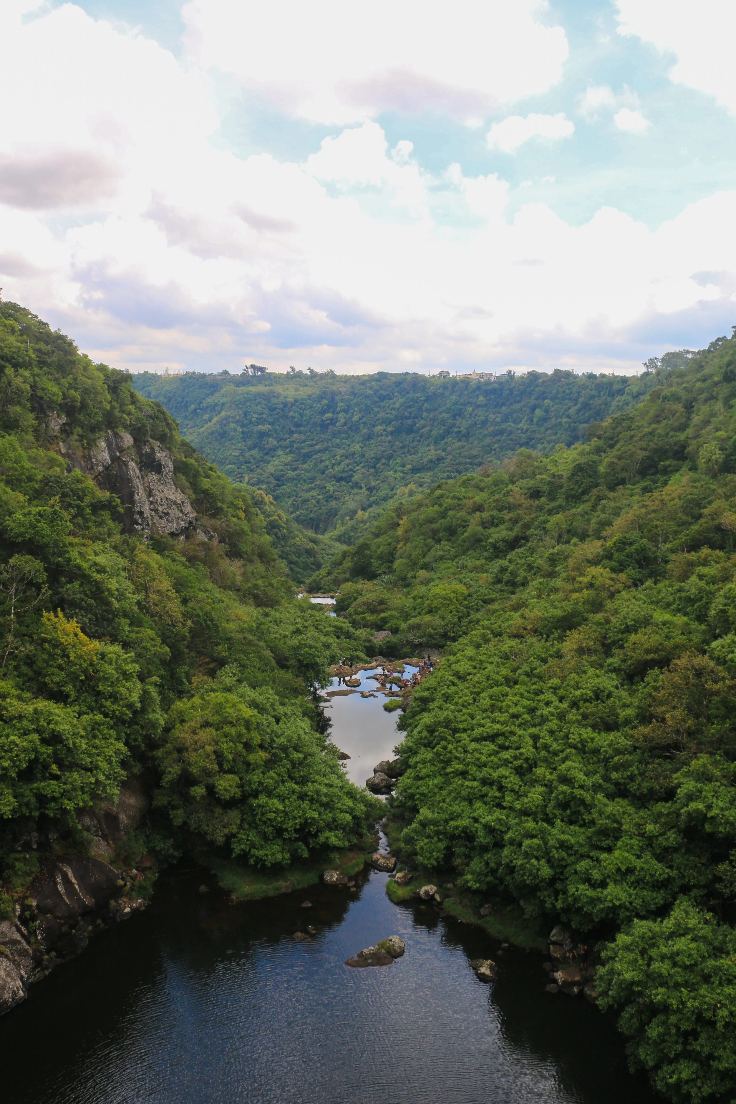 A lush green canyon with a river flowing through the bottom, surrounded by dense trees and mountains under a partly cloudy sky.